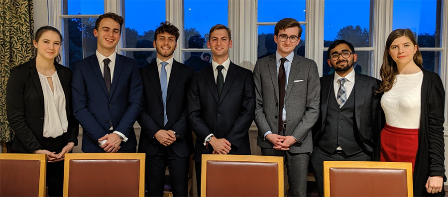 Leah Berger, Jack Horrobin, Federico Amodeo, Chris Lippert, Ross Moore, Siddhant Iyer and Petra Stojnic at the FE Smith Memorial Mooting Competition 2019.