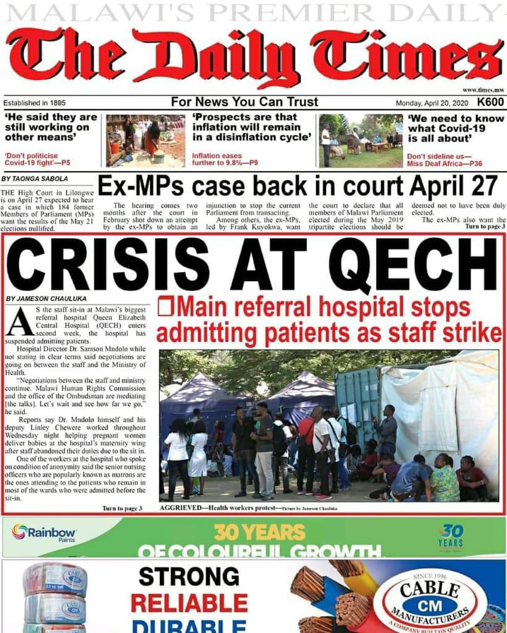 Front page of Malawi's 'Daily Times' newspaper