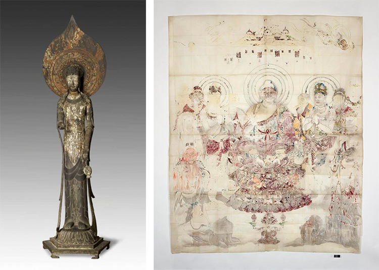 (L-R) Copy of the Kudara Kannon sculpture from Hōryūji temple, 1931, British Museum; Copy of a wall painting from Hōryūji temple, about 1879, British Museum