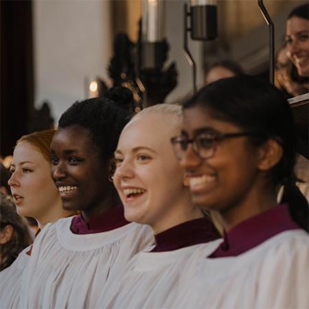 Hannah (first from right) and Hattie (left) with fellow girl choristers