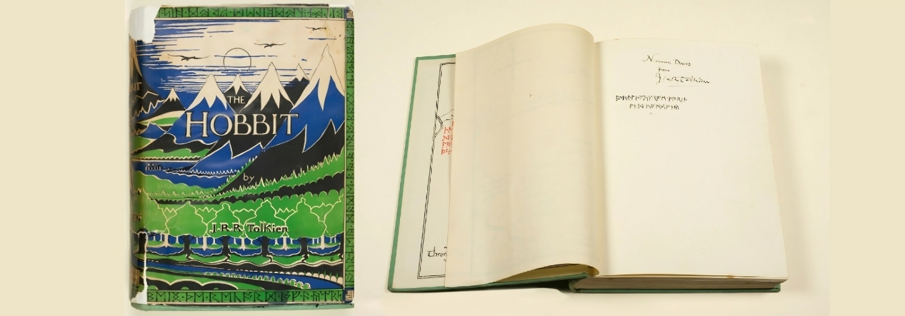 Left: Norman Davis’ copy of the first edition of The Hobbit, gifted to the College in his Will; Right: Inside Norman Davis’ copy of The Hobbit inscribed by the author, with a note in runes saying, ‘Best wishes from Thorin and Company’. © The Tolkien Estate Limited 2023