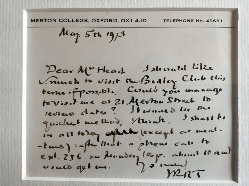 Tolkien's note accepting the Bodley Club invitation © The Tolkien Estate Limited 2023