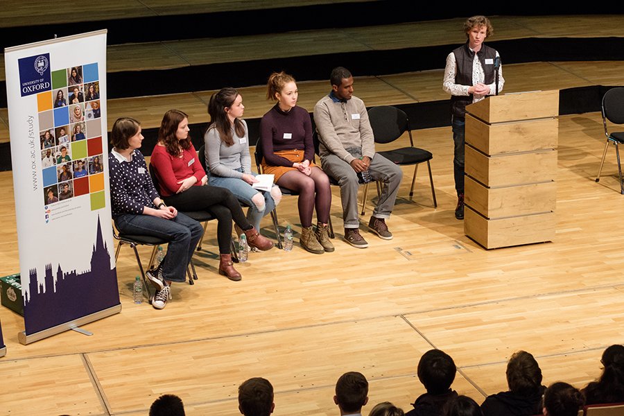 Senior Tutor Dr Rachel Buxton with students from Merton College, Oxford, speaking to teachers and pupils from across Birmingham about access to Oxford University