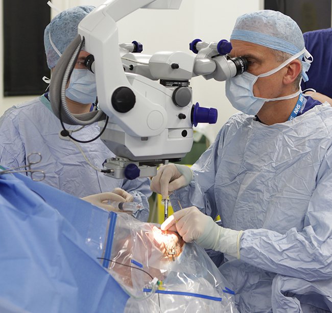 Professors Charbel Issa (left) and MacLaren (right) perform the gene therapy surgery