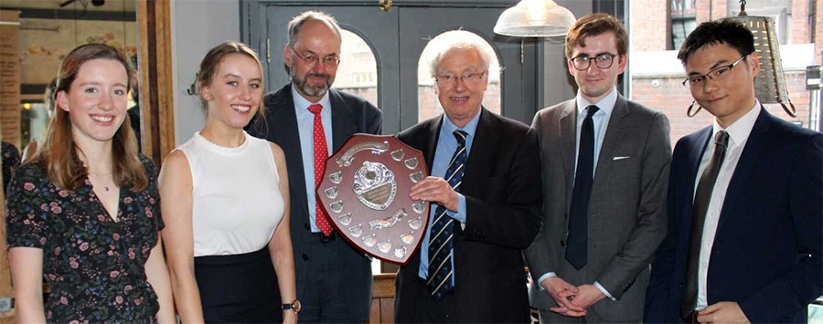 Laura Harray (Brasenose), Cassie Somers-Joce (Magdalen), Wolfgang Ernst (Oxford’s Regius Professor of Civil Law), Professor David Ibbetson (Cambridge’s Regius Professor of Civil Law), Ross Moore (Merton) and Alexander Yean (Exeter) at the Varsity Roman Law Moot 2019.