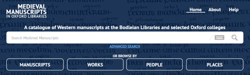 Front page for Medieval Manuscripts in Oxford Libraries with various searching and browsing options.