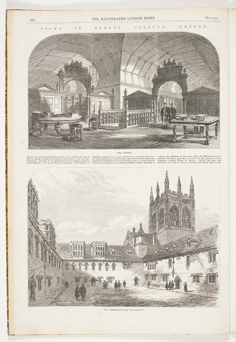 An 1864 double-aspect engraving of Mob Quad and its library at Merton College, from 'The Illustrated London News'