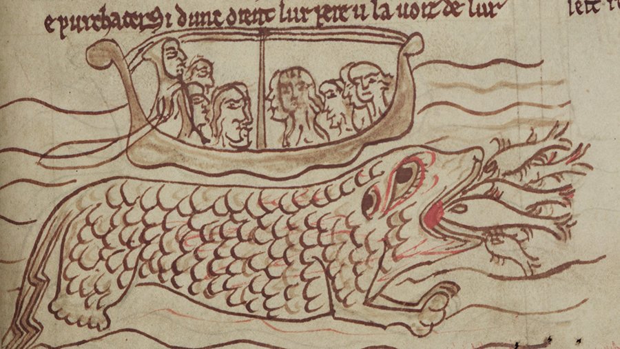 Merton College, MS 249, f. 8r - This one is of the ‘cetus’, somewhat like a whale, which is said to lift boats up on its back to stop them from escaping.
