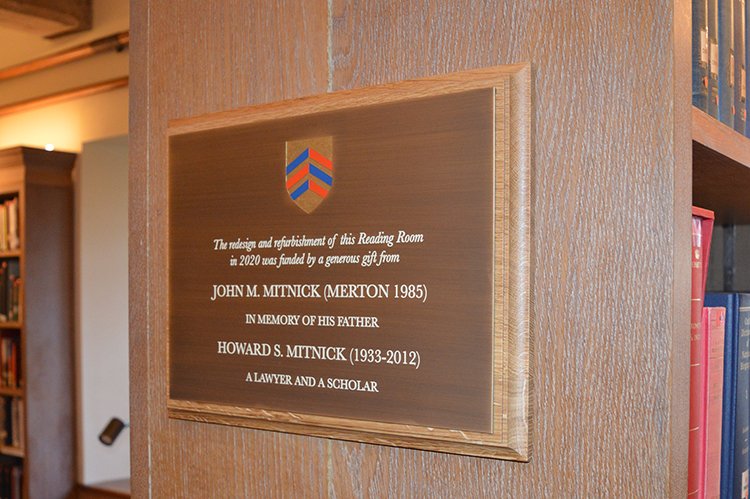 A plaque recognising John's support in memory of his father