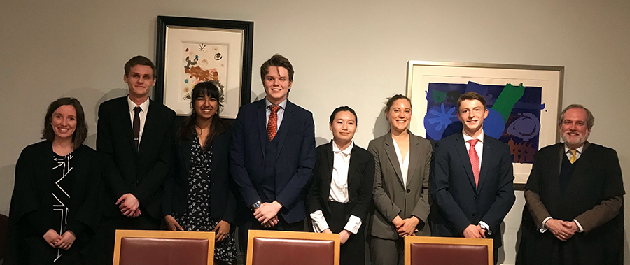 Participants in the FE Smith Memorial Mooting Competition 2022 - (L-R) Anna Williams, Jacob Stevens, Shivanii Arun, Niall Pearson-Shaul, Soon Minh, Antonina Lecka, Marcus Gamble and Fra John Eidinow