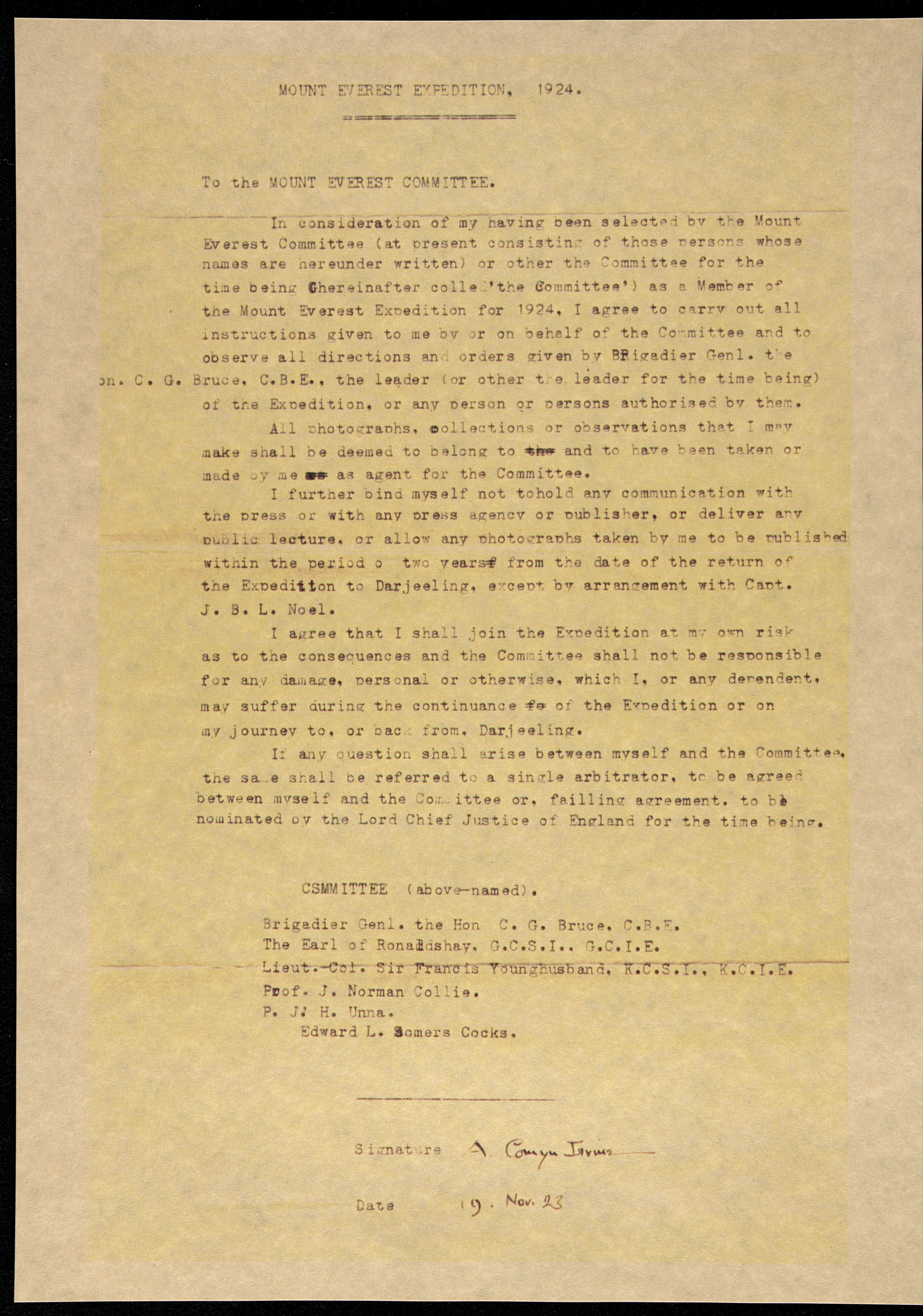 Letter confirming Sandy would join the expedition