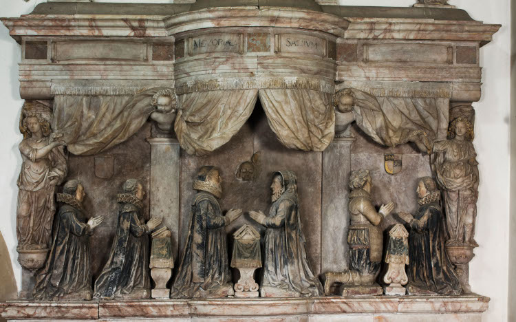 Part of the monument to Lady Margaret Savile in St Nicholas Church, Hurst, Berkshire. The three groups of kneeling figures represent Margaret and Henry Savile, flanked by her daughters and son-in-law. Photo: © Alamy