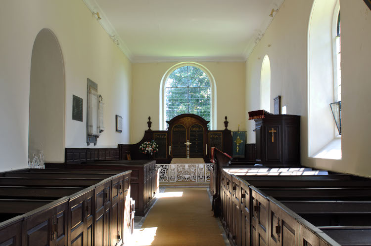 Interior of St Wistan’s church, Wistow, Leicestershire. The monument to Almeria Hughes is on the left-hand wall, nearest the altar. Photo: © Alamy