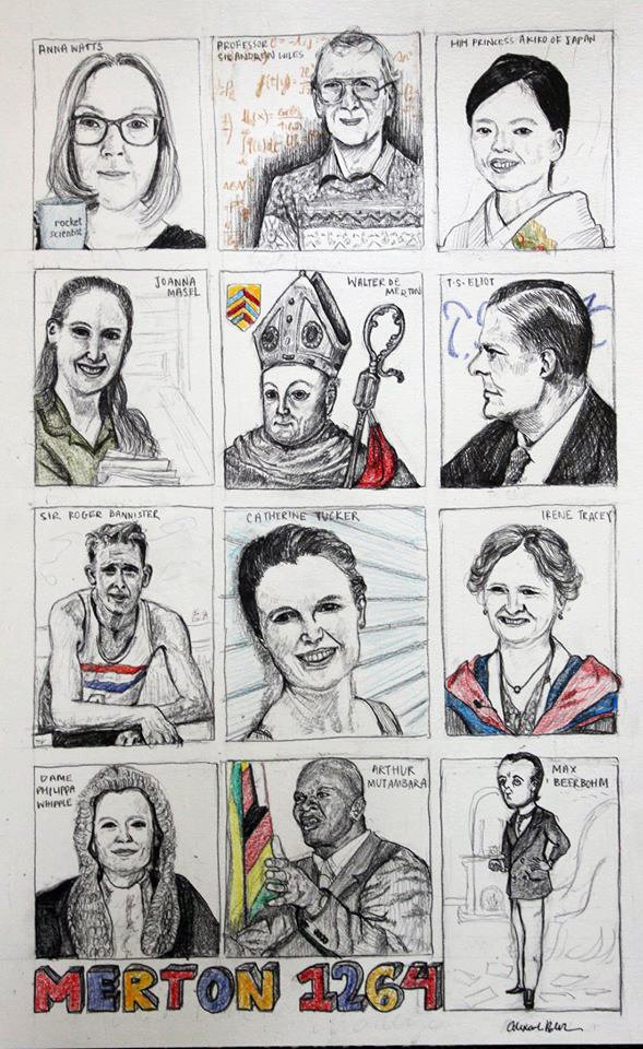 Hand-drawn illustrations of 12 Mertonians, by Alex Beukers