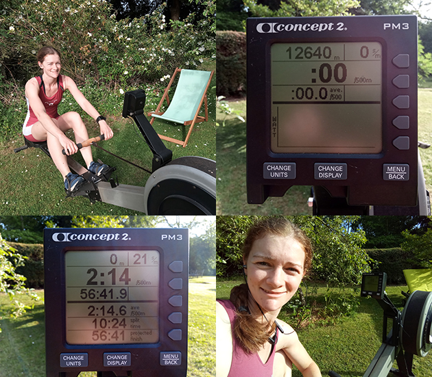 Montage of images of Amanda Thomas and her rowing machine