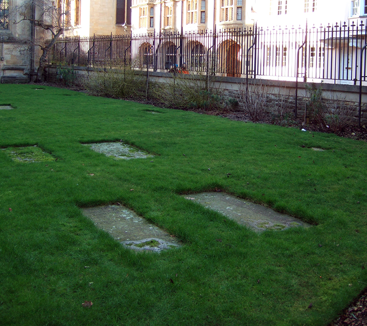 Gravestone (near left) of Ann Rogers, buried 22 June 1848, in Merton College burial ground.