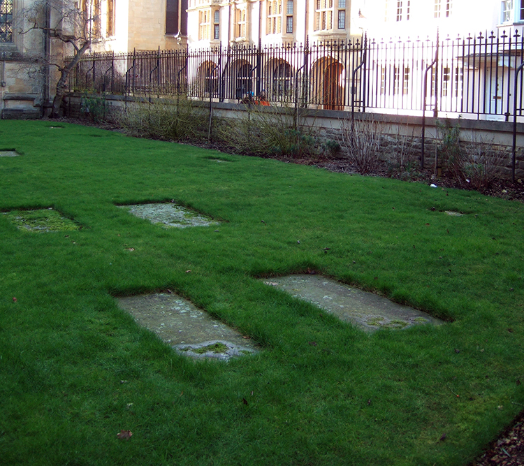 Gravestone (near left) of Ann Rogers, buried 22 June 1848, in Merton College burial ground.