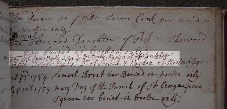 Entry for the burial of Anne Wyntle, 29 August 1746, in Merton College chapel register. MCR 2.12.