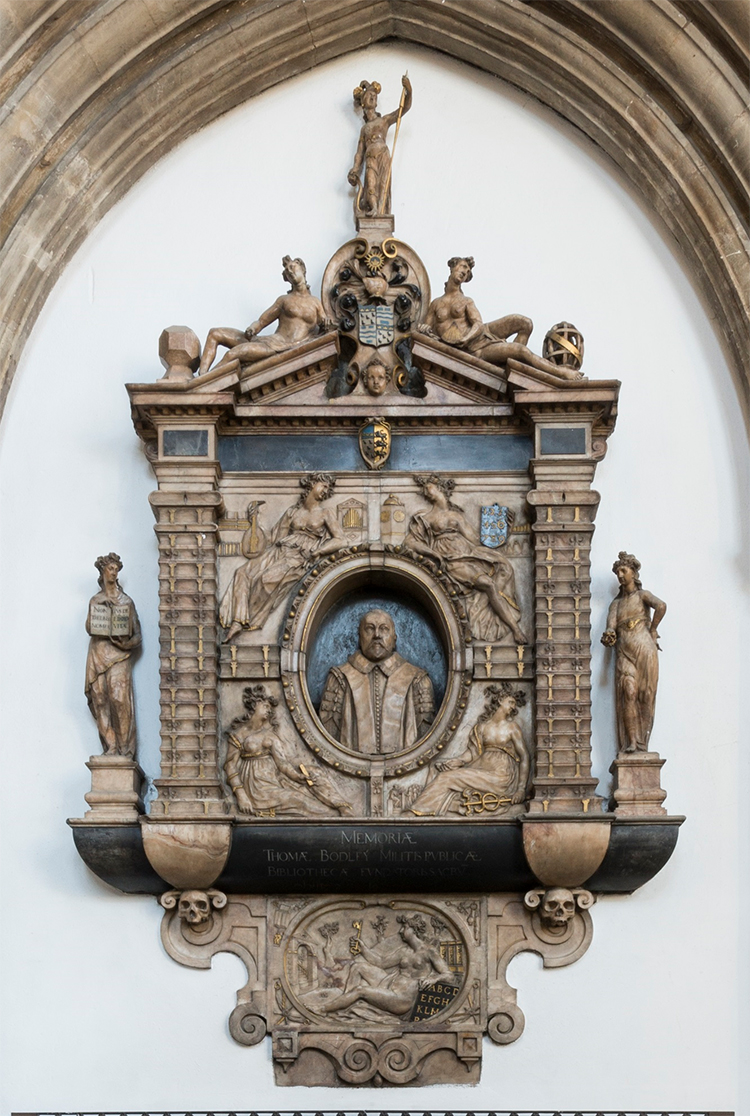 The seven liberal arts, including grammar, rhetoric, arithmetic and music, depicted on the monument of Sir Thomas Bodley in Merton College chapel.