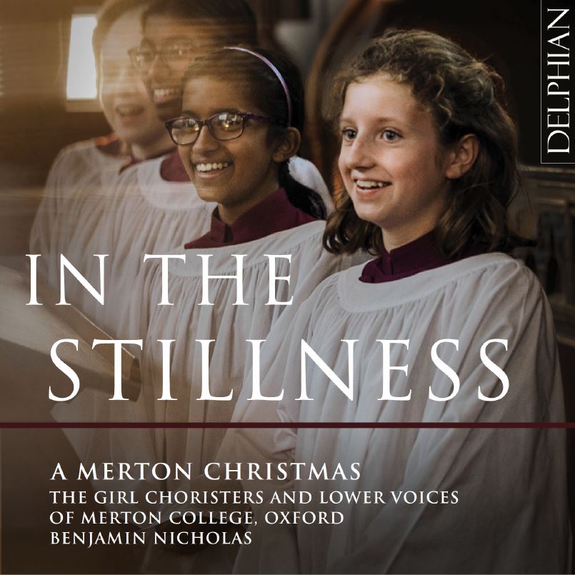 Smiling choristers in a candlelit Merton Chapel on the cover of a CD titled In the Stillness