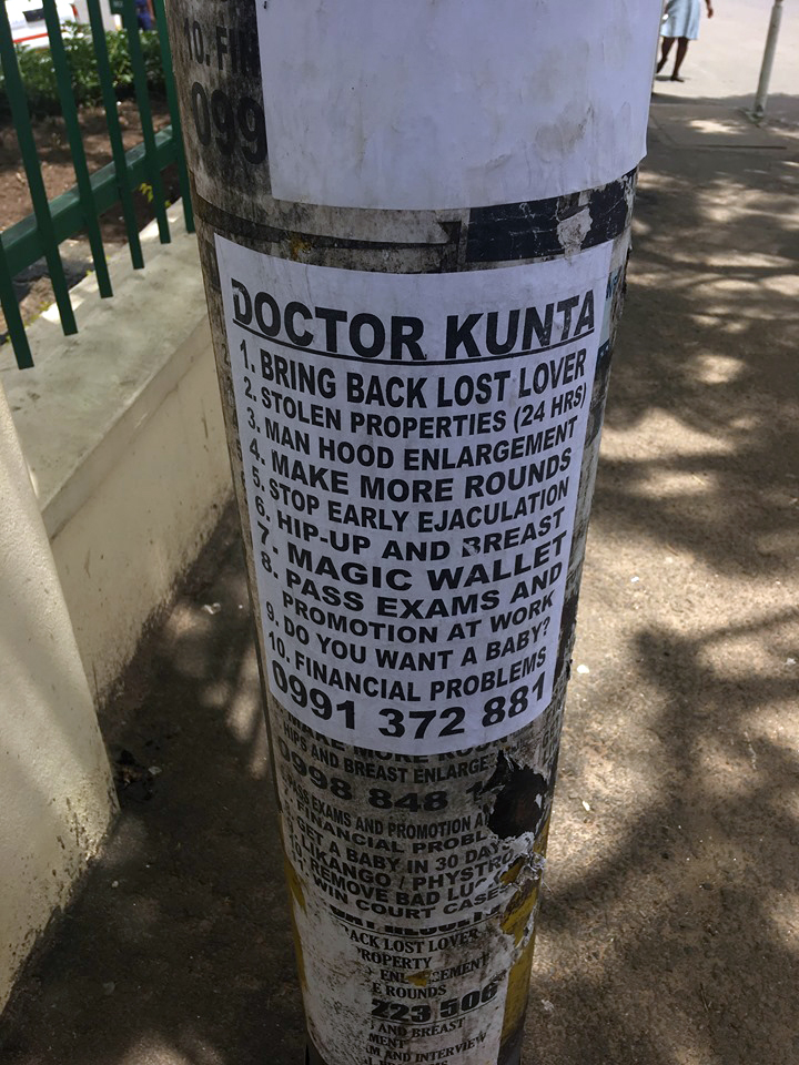 Poster advertising the services of Dr Kunta, a witch-doctor offering 'medical' and financial help. Poster advertising the services of Dr Kunta, a witch-doctor offering 'medical' and financial help.