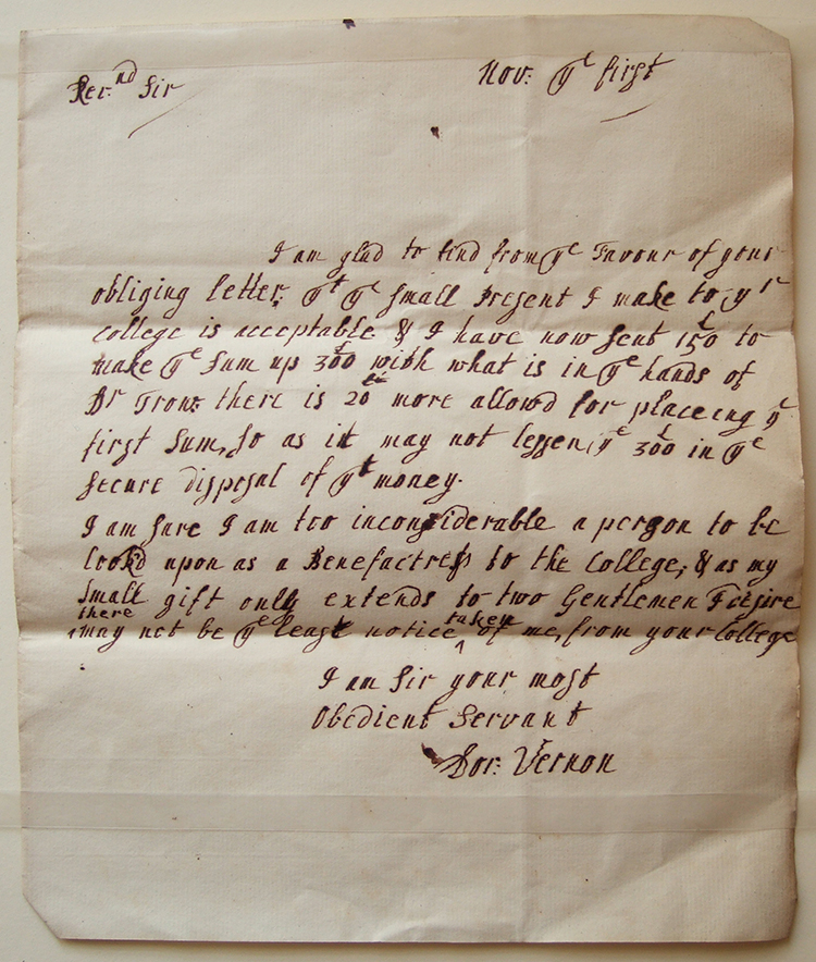 Letter of Dorothy Vernon to Warden Henry Barton, 1 November 1754, regarding the augmentation of the stipends of two Postmasters. Merton College Archives.