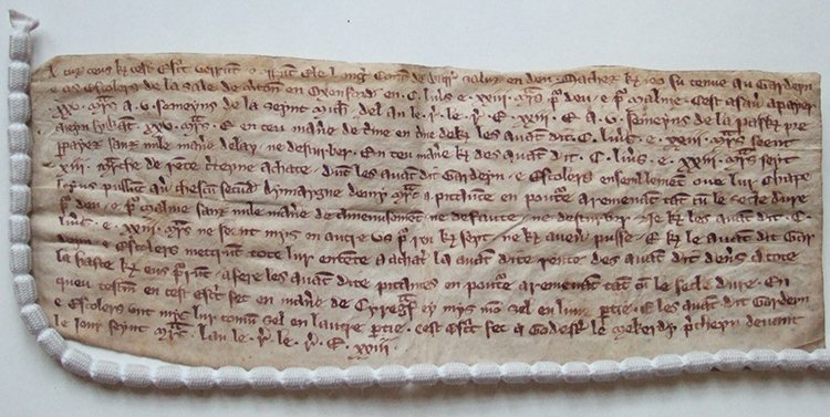 A later grant by Ela of Warwick to the Warden and fellows of Merton, written in French, 1295. MCR 2702.