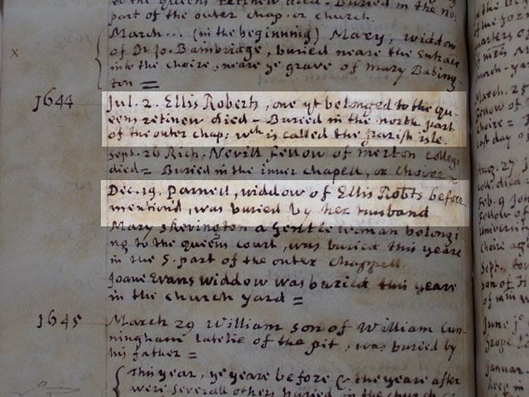 Entries for the burials of Ellis and Parnel Roberts in Merton College chapel register July and December 1644. MCR 2.11