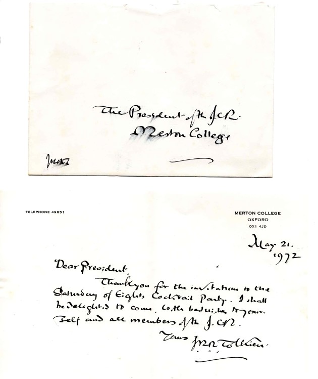 Tolkien’s handwritten note accepting the invitation to the Eights cocktail party © The Tolkien Estate Limited 2023