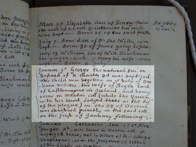 Entry for the baptism of George Palmer, natural son of Charles II and Barbara Villiers, 1 January 1666, in Merton College chapel register. MCR 2.11