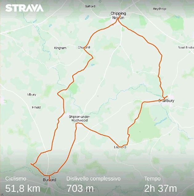 The route of Gian Piero Milani's 50km cycle in the Cotswolds, part of the 1264km cycled by Merton College Boat Club for the #1264Challenge