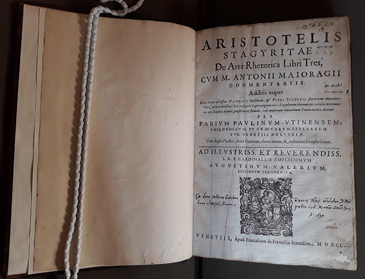 Donation inscription from one of Helen Goulston’s donations to Peterhouse, Cambridge. Aristotle, 'De arte rhetorica' (Venice, 1591), Peterhouse, Perne Library C.2.9, reproduced by permission of the Master and Fellows of Peterhouse, Cambridge.