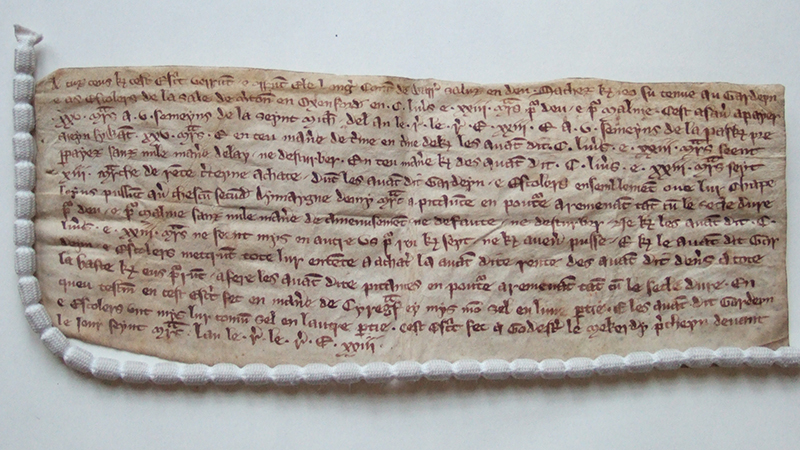 One of the letters in French ‘written’ by Ela of Warwick. “Ele Long’ Cont’ de Warr” appears in the top line, just to the left of centre.