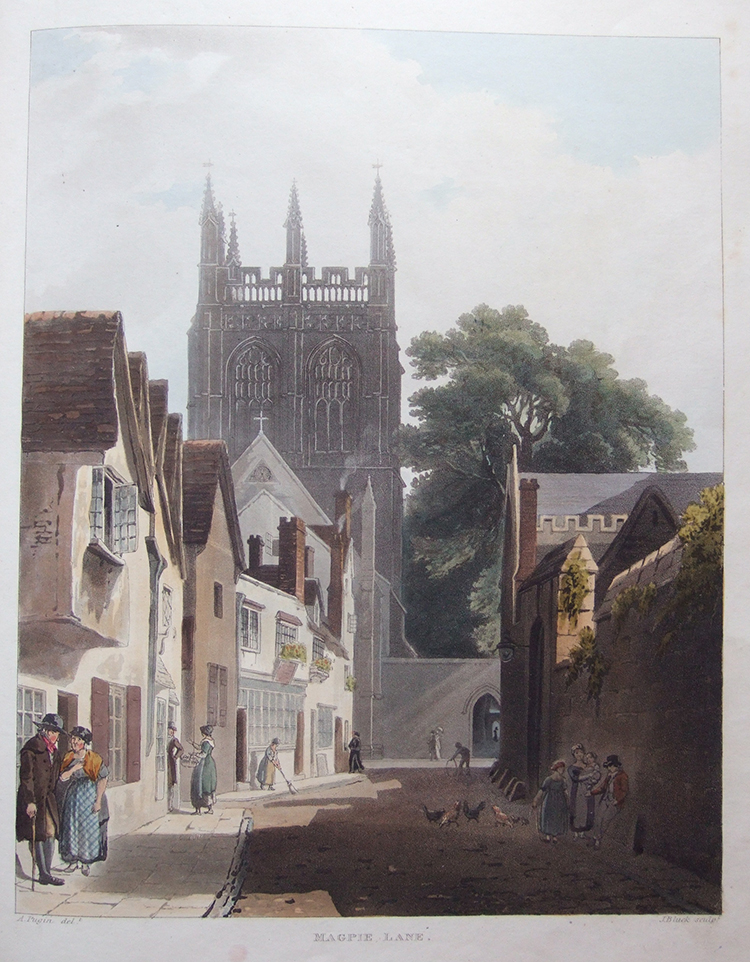 Magpie Lane by Augustus Pugin, reproduced in 'A History of the University of Oxford,' by Rudolph Ackermann and printed in London in 1814. (Merton 27.F.8). The Magpie occupied one of the buildings to the left of the picture.