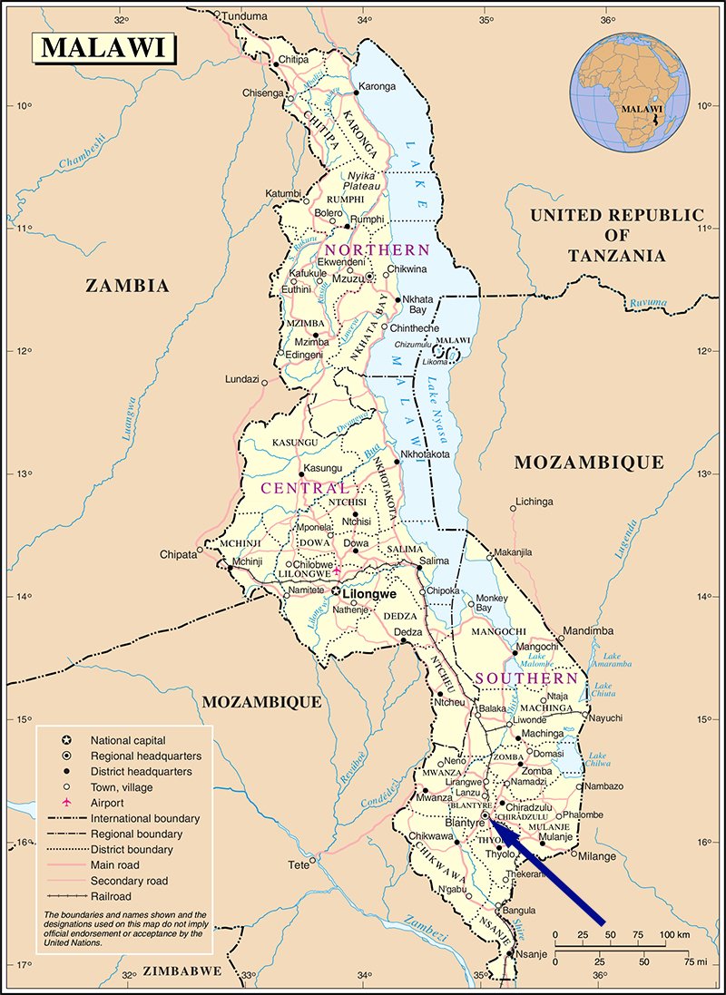 A map of Malawi, with an arrow indicating the position of the city of Blantyre