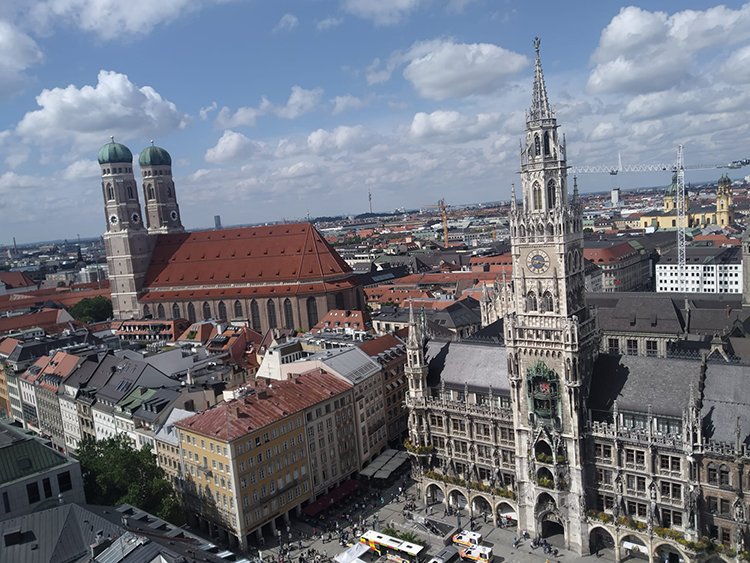 Marienplatz and Munich’s famous church Frauenkirche, seen from the top of Alte Peter church