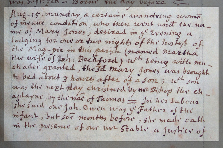 Account of the birth of Thomas Jones at the Magpie on 15 August 1687 recorded in Merton College chapel register. MCR 2.11.