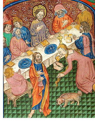 Mary Magdalen anointing Christ’s feet, from a late 15th/early 16th century illuminated manuscript, from the collection of the National Library of Wales