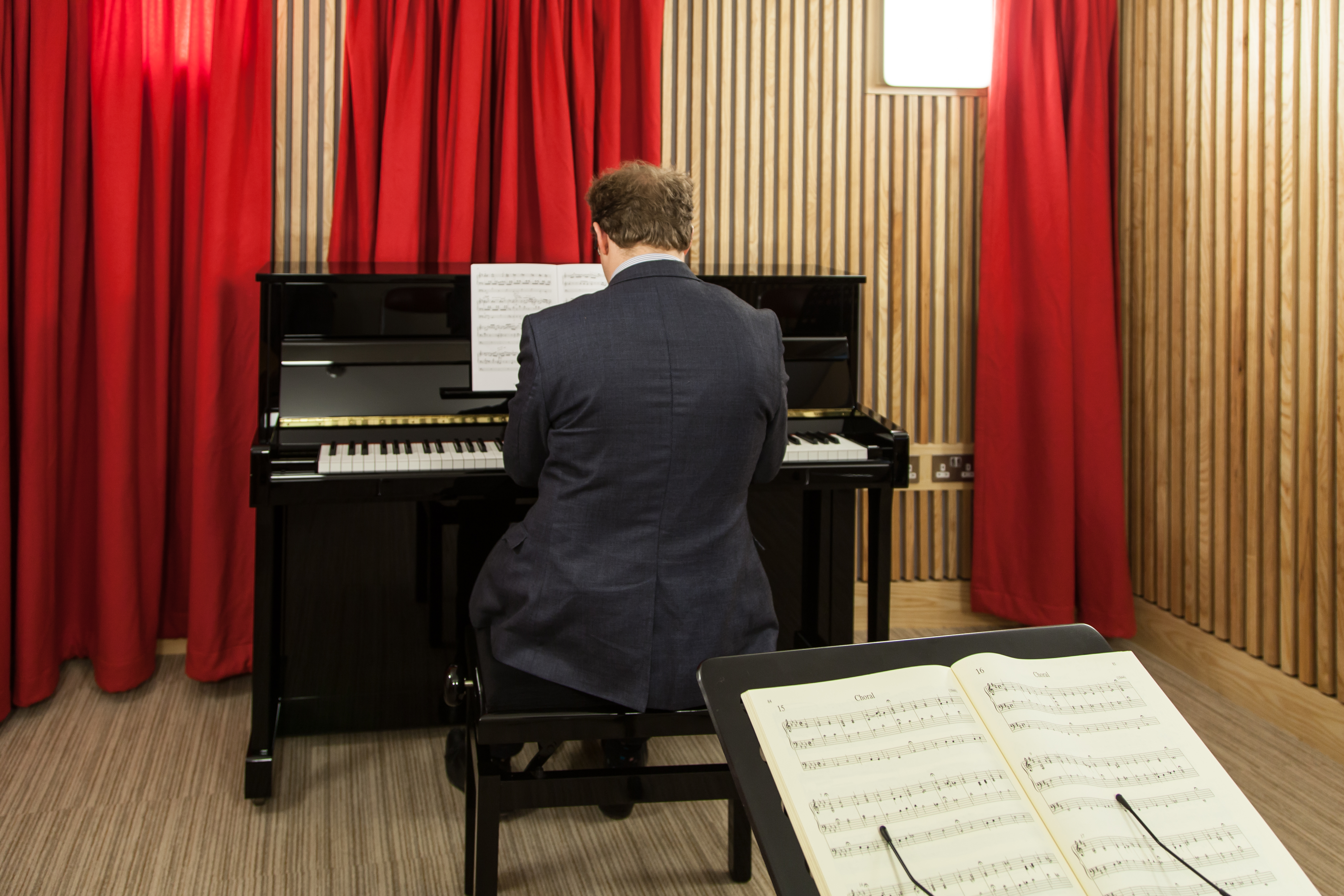 Music practice room, with Benjamin Nicholas, Reed Rubin Organist & Director of Music, Stipendiary Lecturer in Music, at the Yamaha piano