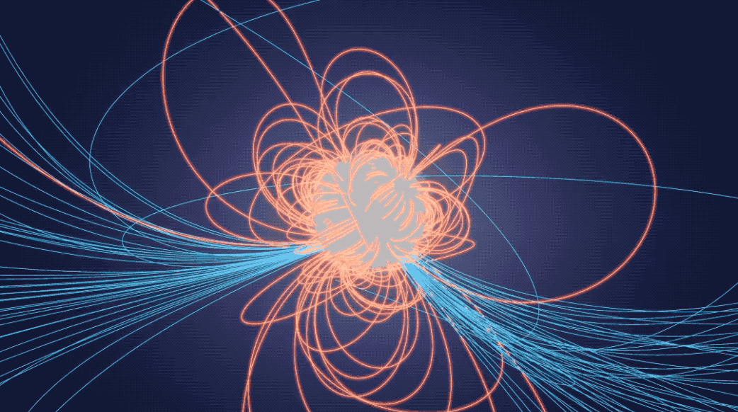 Notional magnetic field geometry of a pulsar derived from NICER X-ray measurements. © NASA