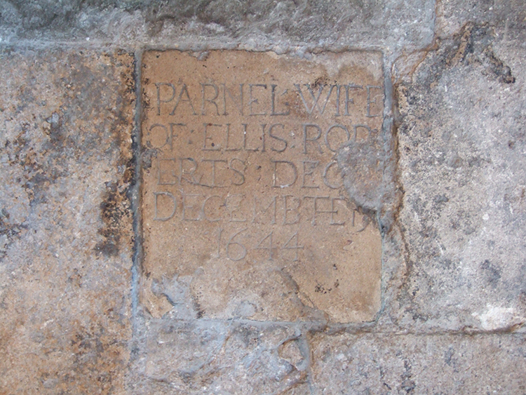 Memorial to Parnel Ellis, buried 19 December 1644, in the north transept of Merton College chapel