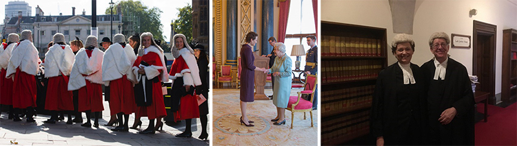 (L-R) Philippa Whipple's first judges' procession as a High Court Judge; Philippa Whipple with HM The Queen; Philippa Whipple with Sir Jack Beatson.