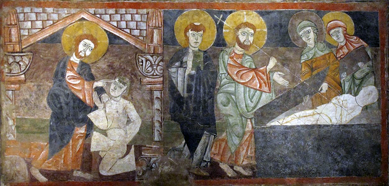 A wall painting showing Christ raising Lazarus, from the Hermitage of San Baudelio de Berlanga in Spain