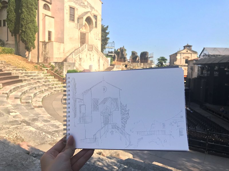 One of Ellen's sketches, and the architecture that inspired it - Photo: © Ellen Sharman