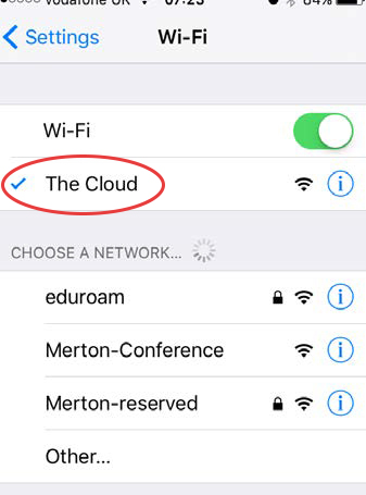 Typical smartphone wifi settings screen, showing The Cloud as selected network