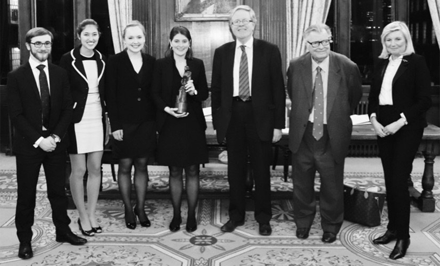 (L-R) Ed Langley, Ioana Burtea, Poppy Rimmington-Pounder, Katherine Legh, Lord Justice Jackson, Sir John Laws and Lady Justice Gloster