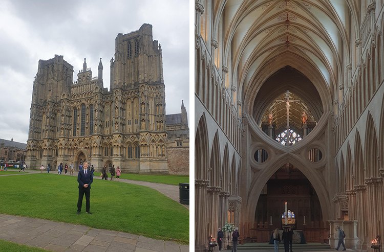 Wells cathedral, West front (L) and scissor arches (R)