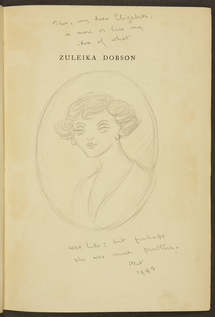 Image of Zuleika on the half-title page of 'Zuleika Dobson' (London, 1922). Merton Beerbohm Collection 4/262. © The Estate of Max Beerbohm.