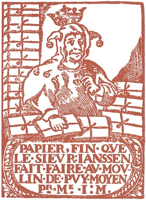 A printed ream wrapper for paper produced at the French mill, le Moulin du Verger at Puymoyen, showing reams of paper wrapped and tied