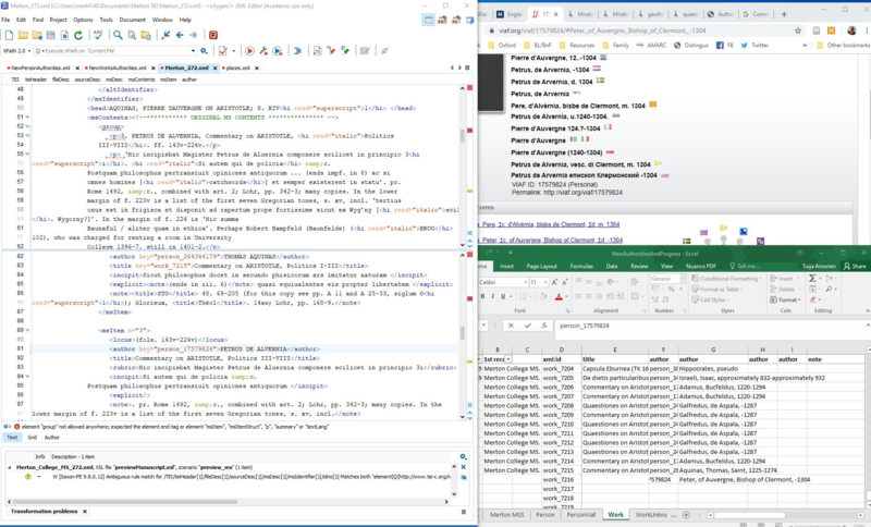 A screenshot of a standard workflow: A catalogue record open in the XML editor, various website tabs open for checking online resources, and recording the progress in an Excel sheet